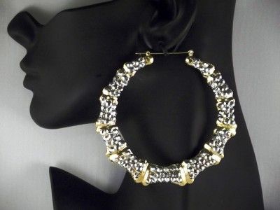 9cm gold tone rhinestone bamboo effect hoop earrings  