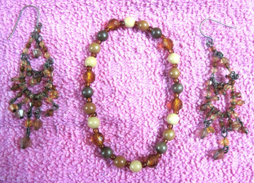 AMBER ORANGE DANGLE BEAD EARRINGS AND BRACELET  