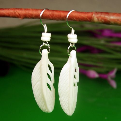 Carved Yak Bone Feather Plume Handmade Pierced Earrings  
