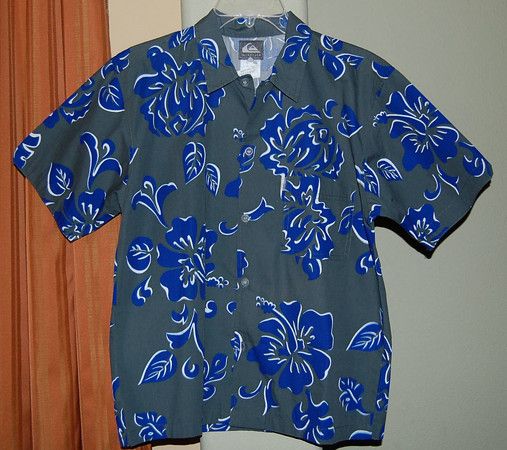 QUIKSILVER GRAY BLUE COTTON HAWAIIAN SHIRT BOYS MEDIUM  