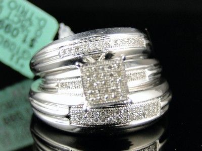 LADIES + MENS WEDDING BAND ENGAGEMENT DIAMOND TRIO SET  