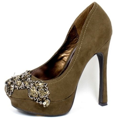 BLACK/OLIVE Faux Suede Round Toe Sequin Pump High Heel Shoe  