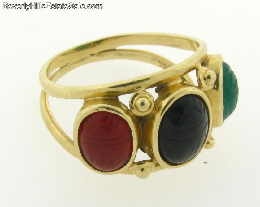 Vintage Multi Stone Carved Scarab 14k Gold Ring  