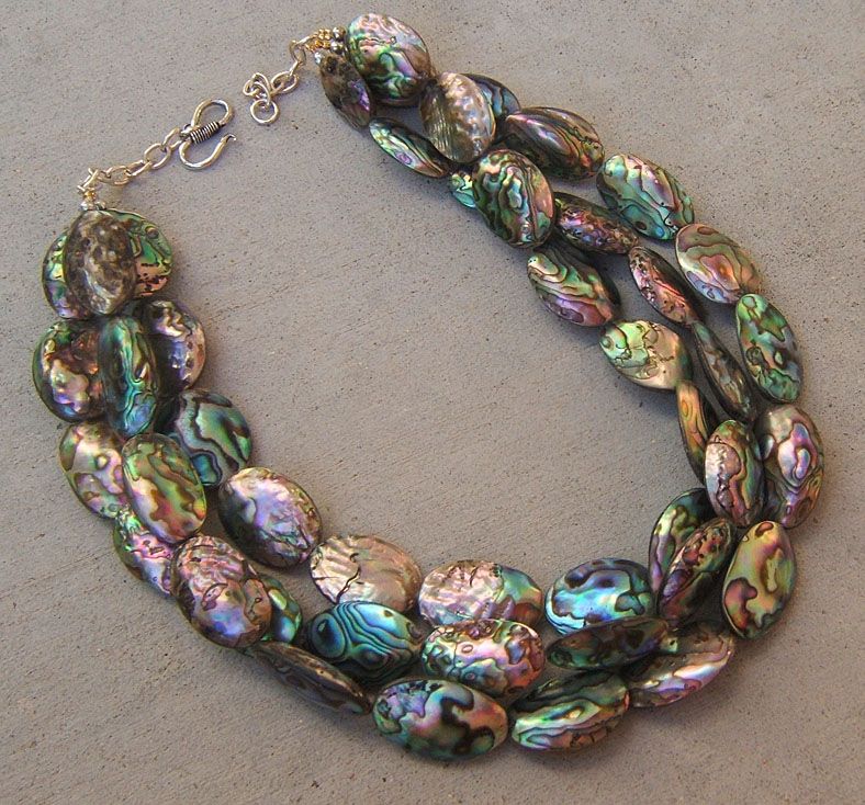 ABALONE PAUA NECKLACE PEARLS RAINBOW BIG SEA OPALS BRIDAL JEWELRY 