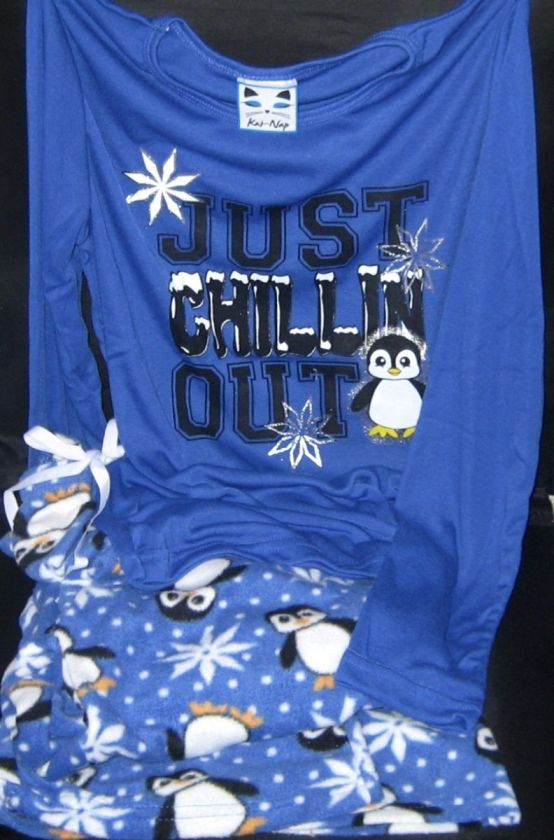 WOMEN KNIT FLEECE PAJAMA SET PENGUIN PJ BLUE M NEW Fast FREE US 