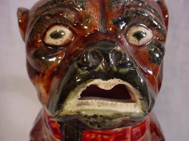 Circa 1880 Antique Majolica Porcelain Pug Dog Pitcher  