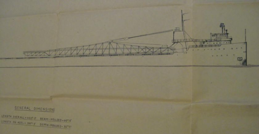 closer view of bow with self unloader crane and general dimensions