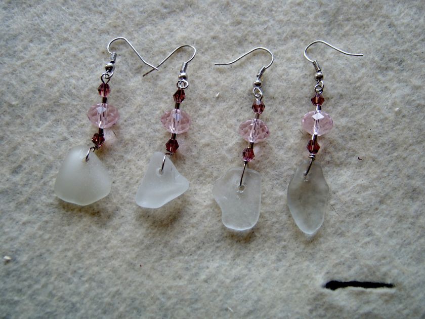 PAIR HAWAII SEA GLASS & CRYSTALS EARRINGS JEWELRY  