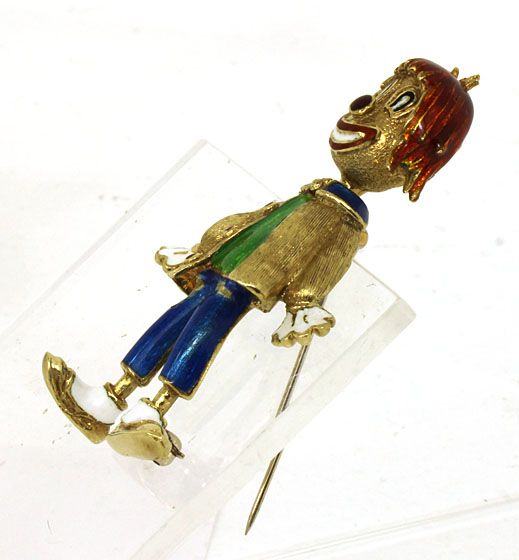 DESIGNER MARTINE 14K GOLD 3D MOVING ENAMELED CLOWN PIN  