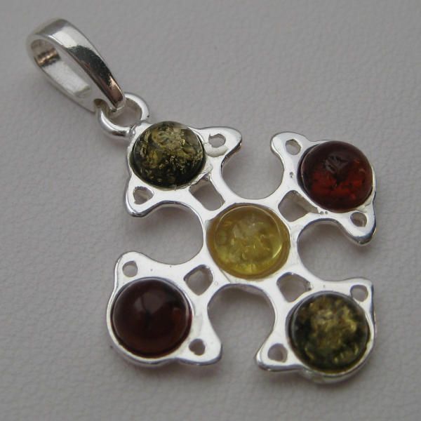 Multicolor Baltic Amber Silver Jewelry Pendant Christ Orthodox 