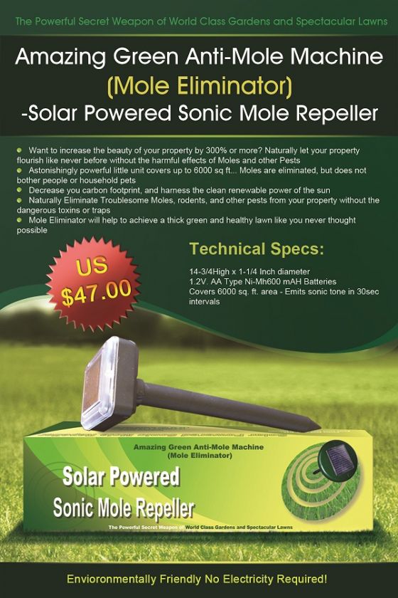 SOLAR ANIMAL MOLE RODENT SONIC YARD REPELLER  