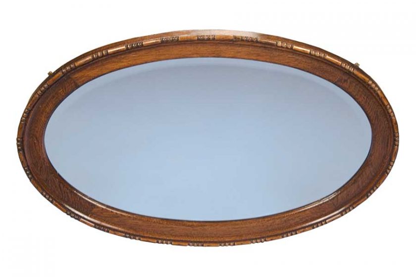   Antique Solid Oak Framed Oval Beveled Hanging Wall Mirror  