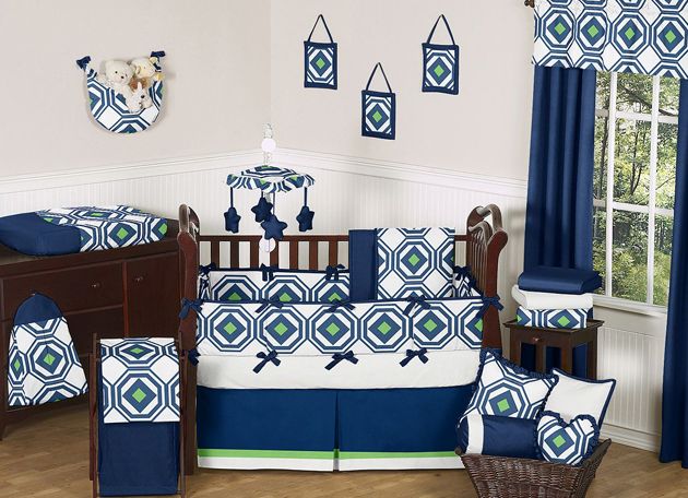   GEOMETRIC NAVY BLUE LIME GREEN DESIGNER BOY GIRL BABY BEDDING CRIB SET