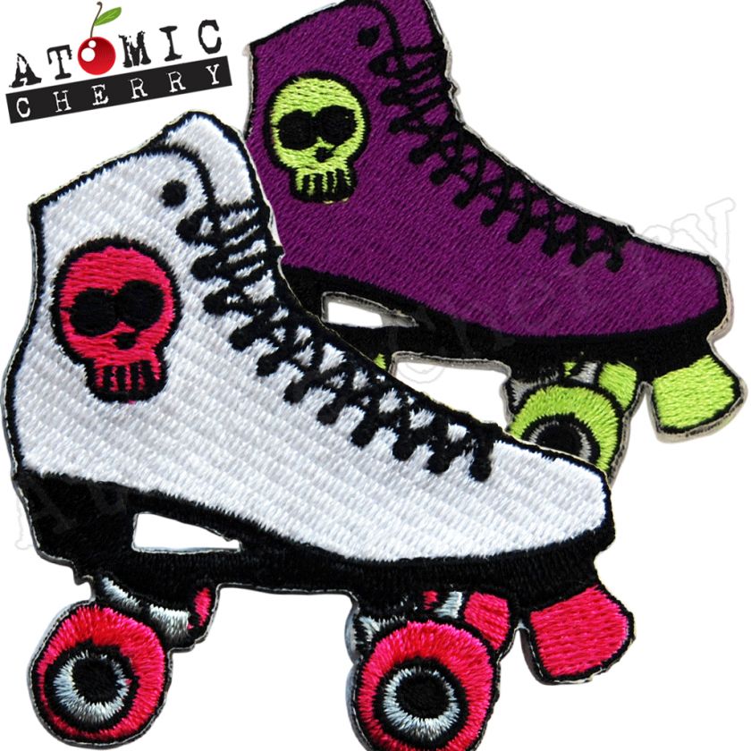 Iron On Patch Roller Skates Derby Rockabilly Punk Skull  