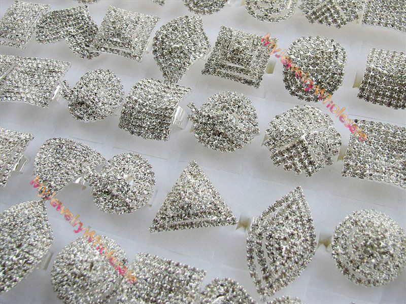 Wholesale 20 pieces Oversize Rhinestone Cubic Zirconia silver Rings 