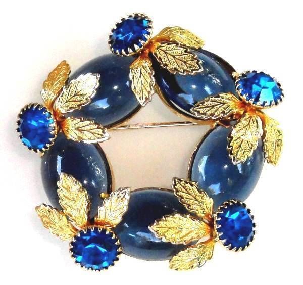 Chunky Vintage Blue Glass Cabochon & Rhinestone Brooch  