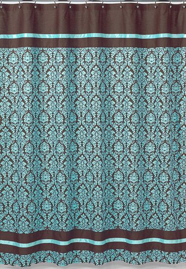   DESIGNS BELLA BLUE TURQUOISE BROWN DAMASK GIRL TEEN SHOWER CURTAIN