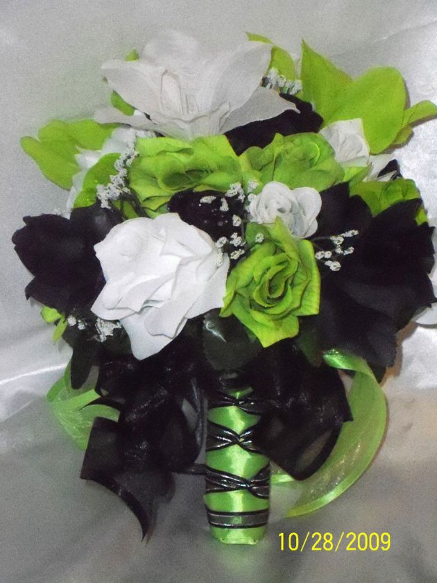 Wedding Bridal Bouquet Lime Green Black White Lily Silk Flowers 21pc 