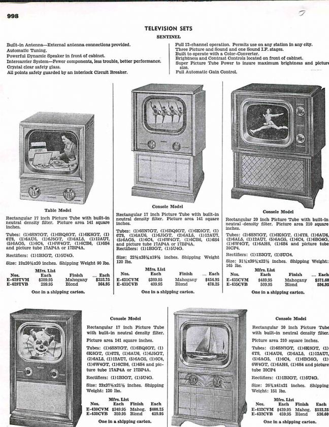 1951 ad Sentinel TV Television Sets Radio Sets Bed Lamp Mitchell 