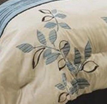  7pc blue beige embroidery leaves design king size comforter 