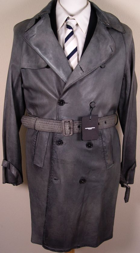 COSTUME NATIONAL COAT $3,518 SLATE GRAY LEATHER FALL TRENCH COAT 42 