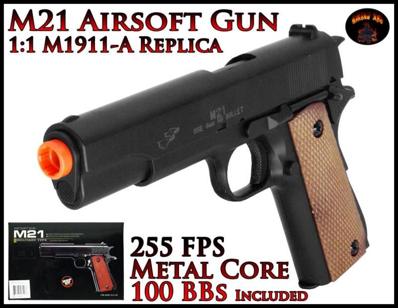 NEW M1911 A M21 Airsoft Pistol Spring Action METAL CASING 255 FPS