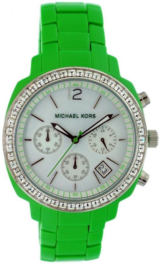 MICHAEL KORS GREEN ACRYLIC,CRYSTALS+CHRONOGRAPH MOP DIAL WATCH MK5120 