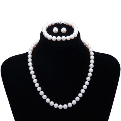 9mm Genuine Round Pearl Necklace Bracelet Earring Set  