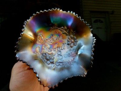 DREIBUS PARFAIT SWEET LAVENDER CARNIVAL GLASS ADVERTISING BOWL SIGNED 