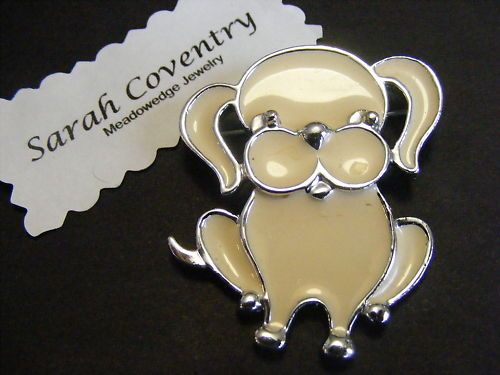 Sarah Coventry Puppy Love Pin Enamel Cream Dog Figural  