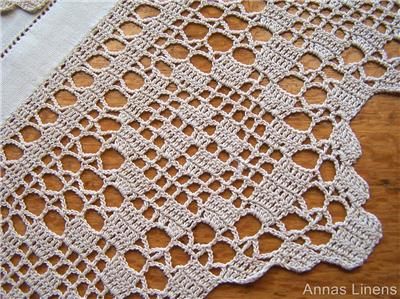 Antique Linen Tablecloth Wide Filet Crochet Lace Edge Beige  