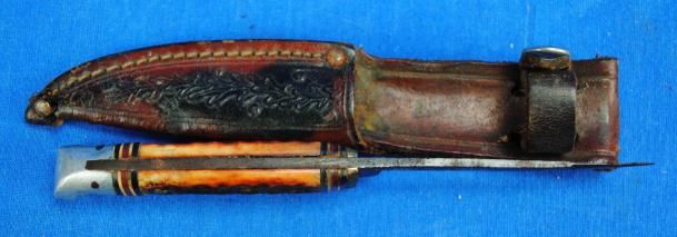 Antique Fixed Blade Western Pocket Knife w Sheath Antler Grip 6 1/4 