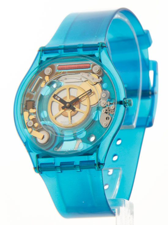 Womens Swatch Blue Jelly Skin Swiss SFN105 Slim Plastic Watch New 