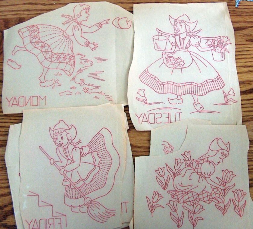   Transfer Dutch Girls Day Of The Week Motifs For Tea Towels, Etc 1950s