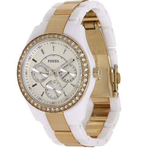 NEW FOSSIL LADIES ACRYLIC WHITE GOLD CRYSTALS ES2805 WATCH  